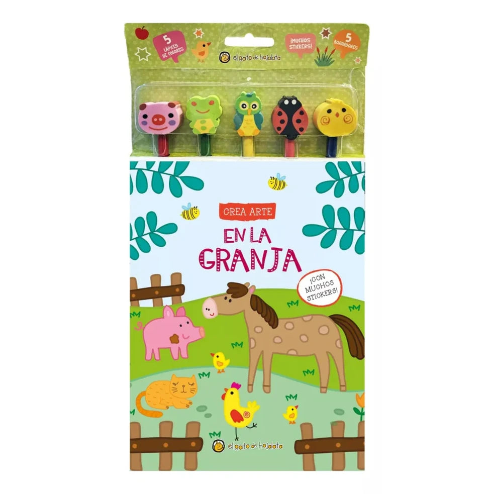 Portada de Crea Arte: en la granja. Lápices, borradores y stickers
