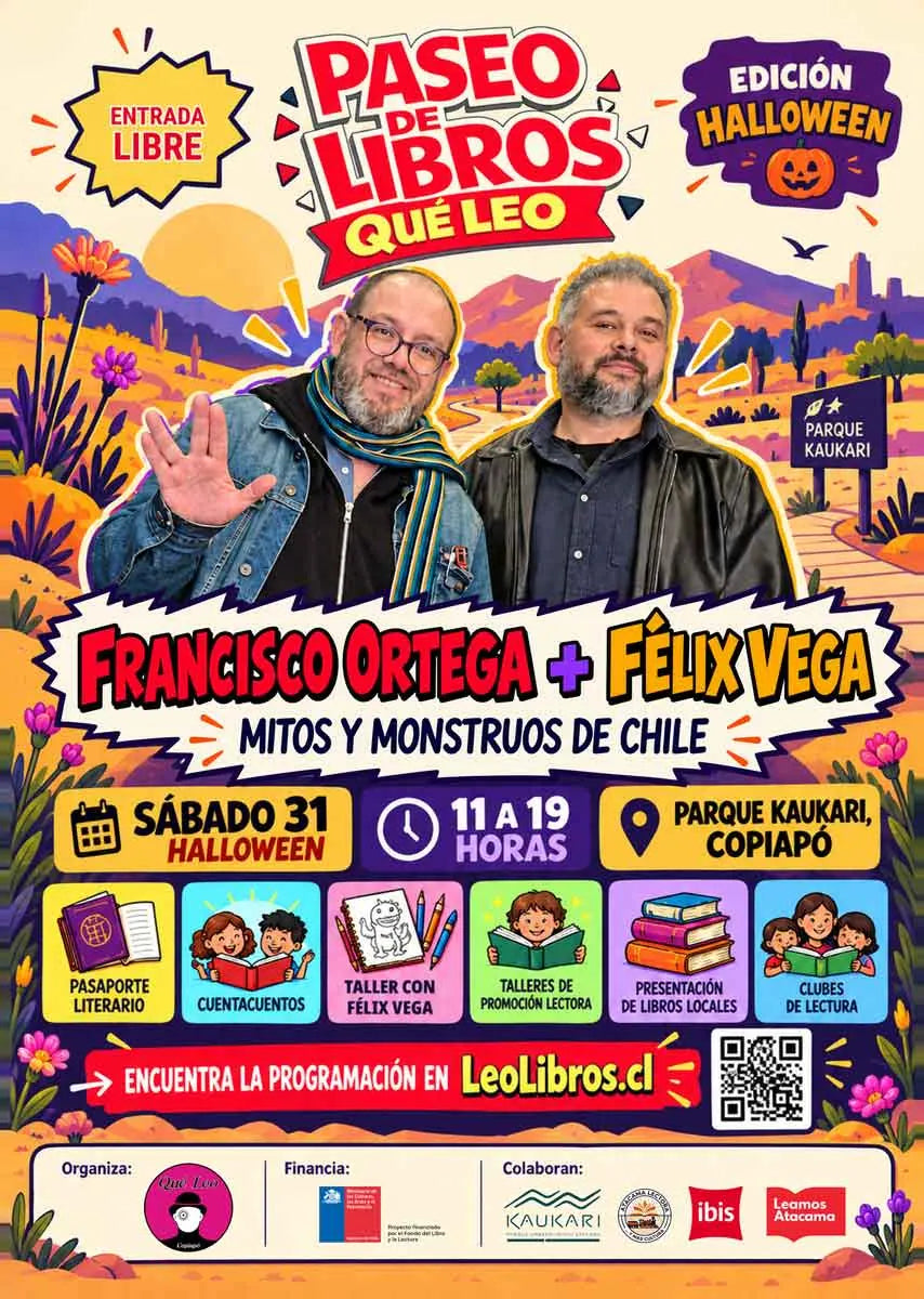 Afiche oficial Paseo de Libros Qué Leo Halloween 2026: Francisco Ortega y Félix Vega en Parque Kaukari, Copiapó