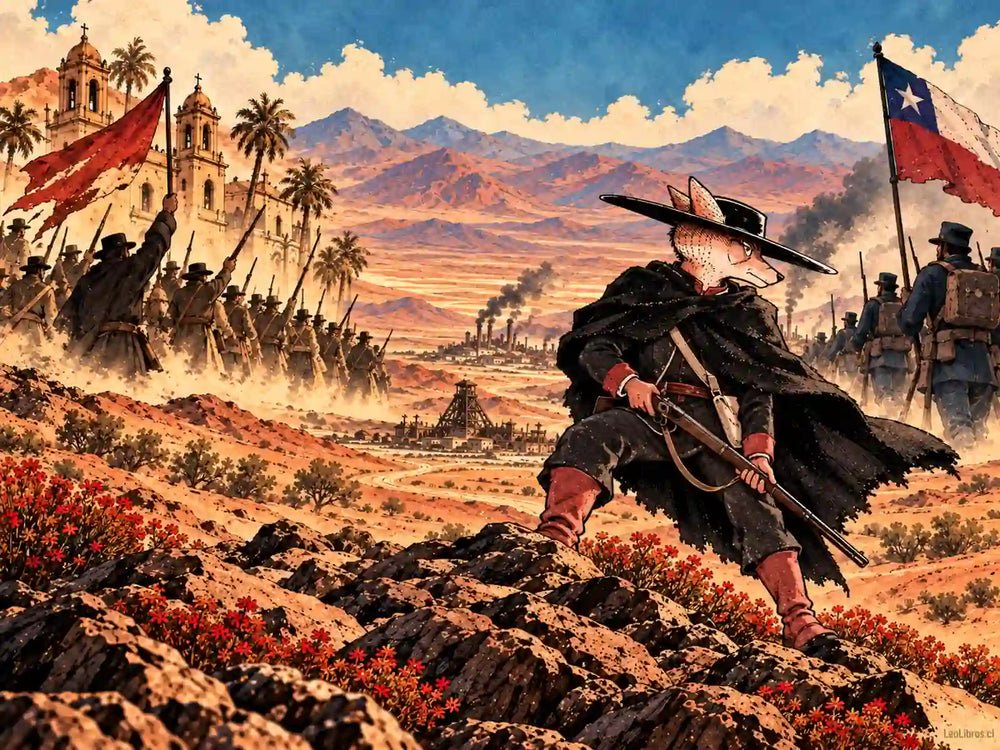 Ilustración editorial de Norte Olvido, de Manu con Tinta, inspirada en la historia de Atacama de 1859 y 1879.