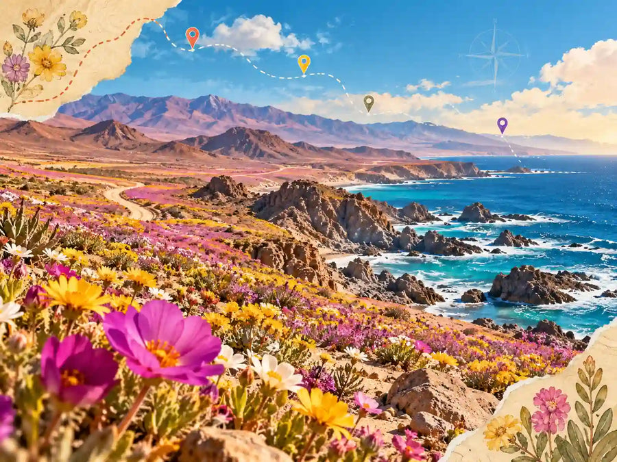 Ilustración editorial de flores del desierto de Atacama, costa del Pacífico y recorrido por el Desierto Florido 2026